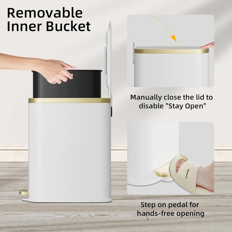 KUK Small Bathroom Trash Can with Lid Soft Close, Step Pedal, 2.6 Gal Stainless Steel Garbage Can with Removable Inner Bucket, Anti-Fingerprint Wastebasket for Office, Bedroom, Toilet (White) - Image 5
